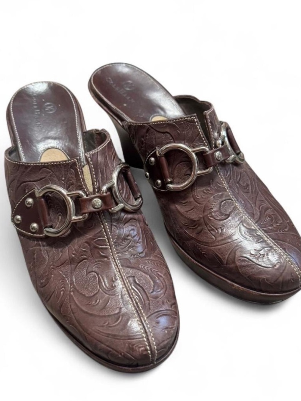 Vintage Cole Haan Brown Embossed Leather Slip-On Mules with Silver Buckle